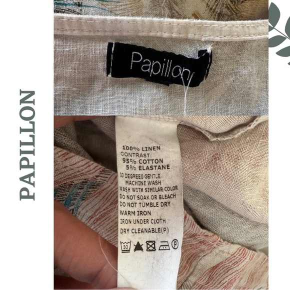 Papillon Linen Short Sleeve Sheath Dress Foliage Print Contrast Knit Side Inlay - Picture 5 of 5